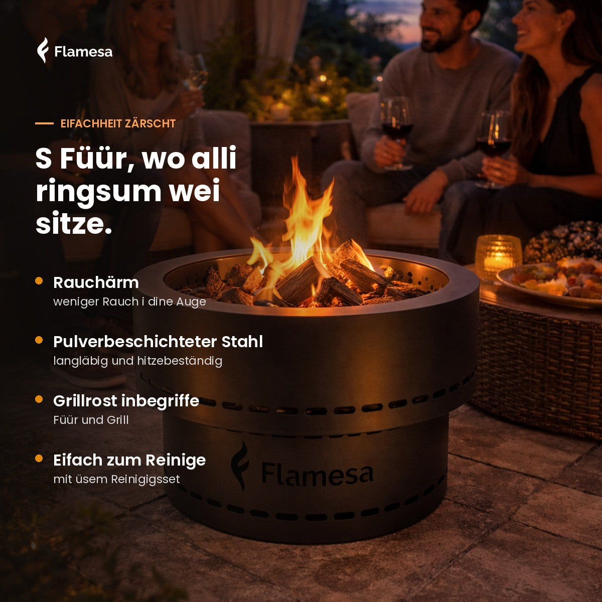 Flamesa Flame: brennender Feuerkorb bei einem Abend auf der Terrasse