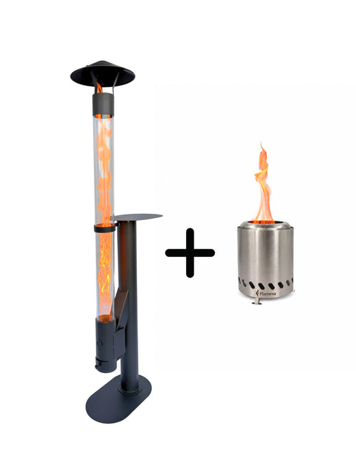 Flamesa® Lumina – Design-Pelletheizer Terrassenheizer für den Aussenbereich mit Tisch