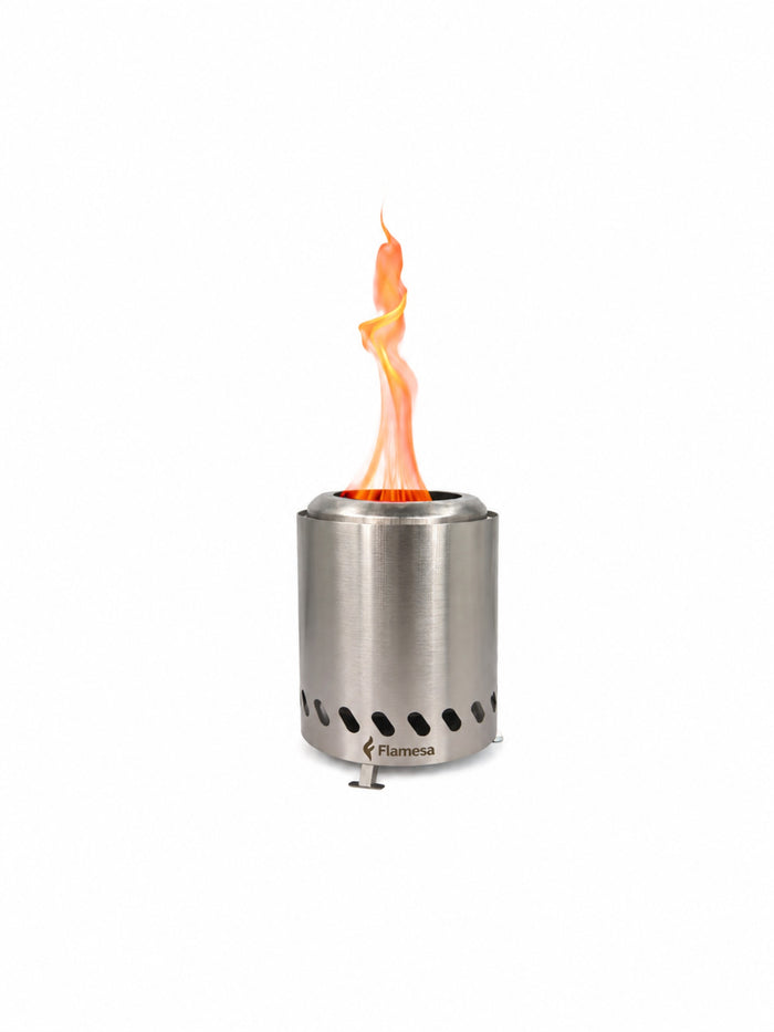 Flamesa® Vulcan – Pellet-Feuerkorb als Tischmodell in Silber